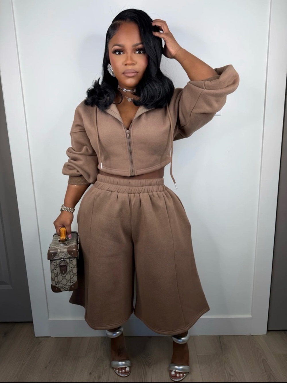 Women's Brown Two-Piece Cropped Jacket & Wide-Leg Shorts Set